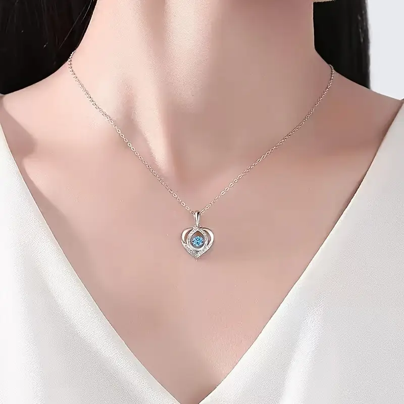 925 Sterling Silver Heart Shaped Necklace Stylish Jewelry Sparkling Heart Design Paved Shining Zirconia Blue