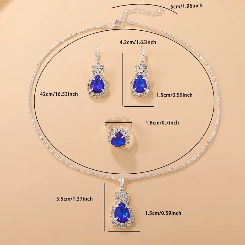 Zircon Pendant Necklace Earring Ring Set Women Water Drop Necklaces Earrings Zircon Jewelry Set